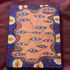 Orange and Blue Abstract Painting with Surreal Facial Elements